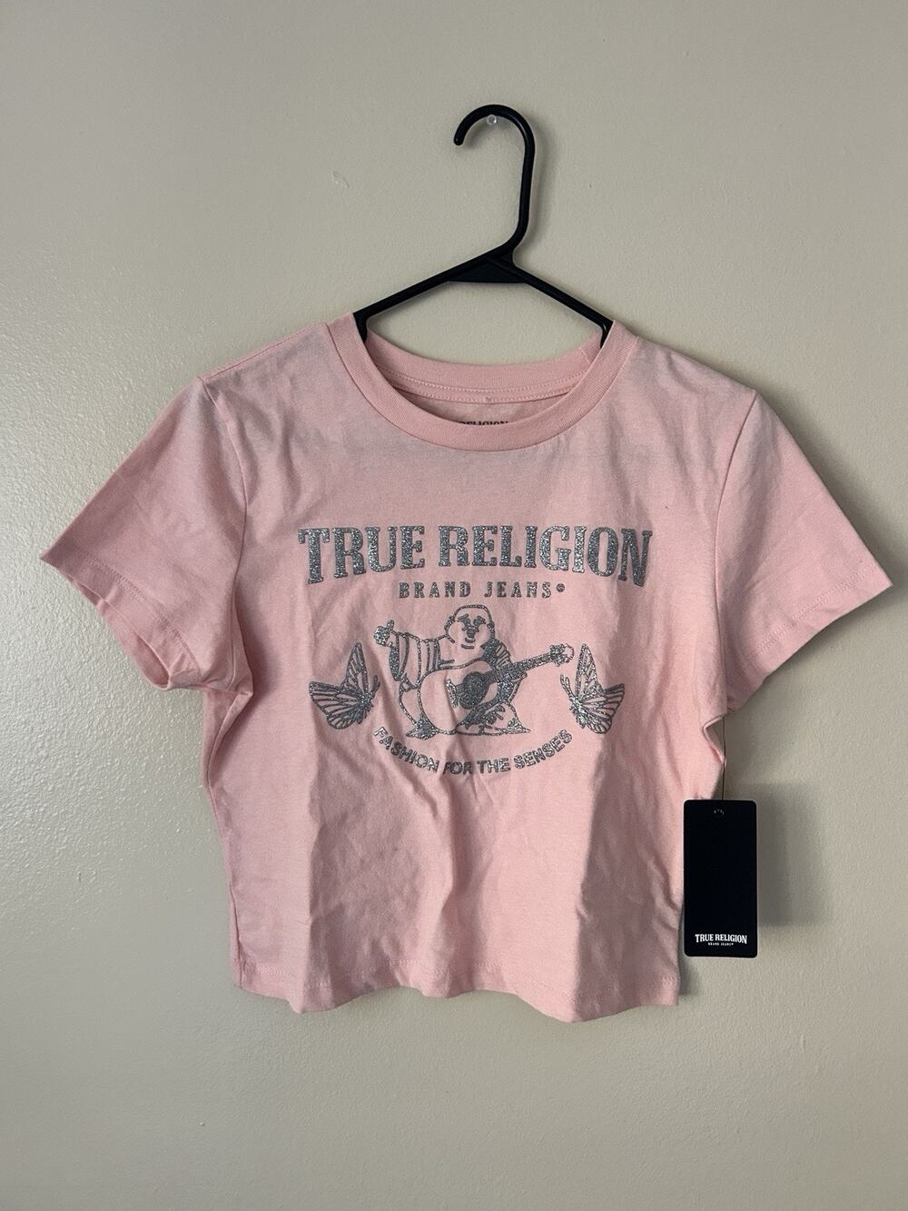 True Religion Butterfly Baby Tee Pink Glitter Buddha Graphic S NWT